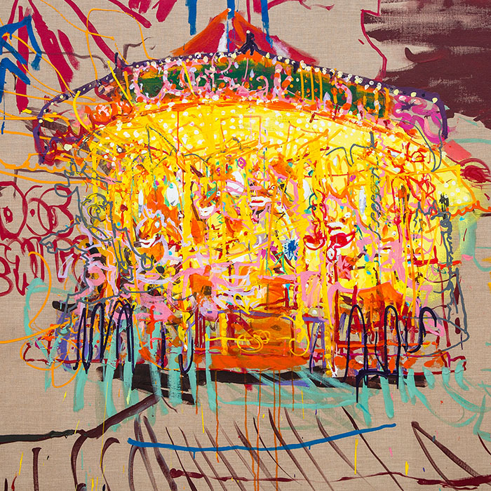 Abstract carousel printmaking image in vibrant colours