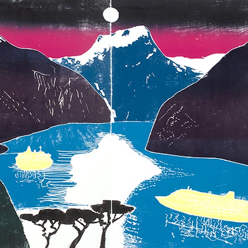 Japanese inspired woodcut mountain and fjord print scene