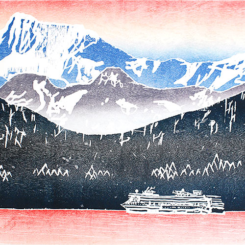 Cruise ship and mountains print in Japanese style