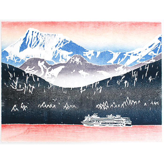 Cruise ship and mountains print in Japanese style